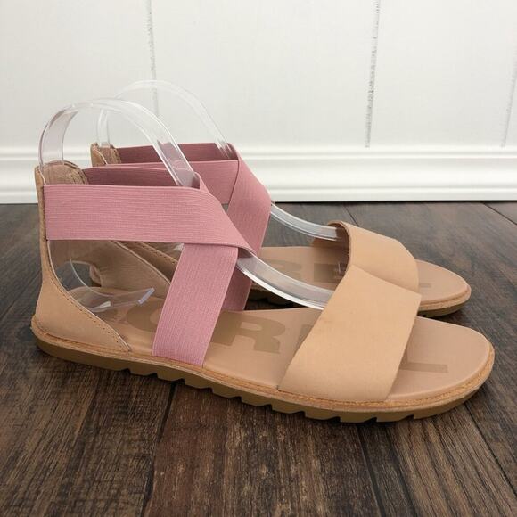 Sorel Ella II Flat Leather Ankle Strap Sandal Summer Strappy Size 8.5 Tan Pink - Picture 1 of 16